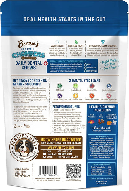 Bernie's Charming Chompers - Daily Dental Chews for Dogs 5-15 Lbs. - 22 Count - Cleans Teeth, Freshens Breath, + Boosts Oral-Gut Microbiome. Easy to Digest, Supports Healthy Digestion Naturally