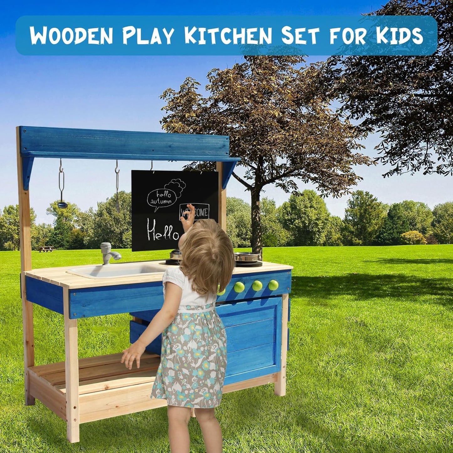Mud Kitchen Playset for, Outdoor Wooden Toy Play Kitchen Set for Boys and Girls, Kitchen Accessories and Garden Sink with Faucet, Blackboard, Cookware Pot (Blue)