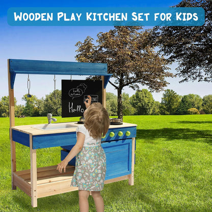 Mud Kitchen Playset for, Outdoor Wooden Toy Play Kitchen Set for Boys and Girls, Kitchen Accessories and Garden Sink with Faucet, Blackboard, Cookware Pot (Blue)