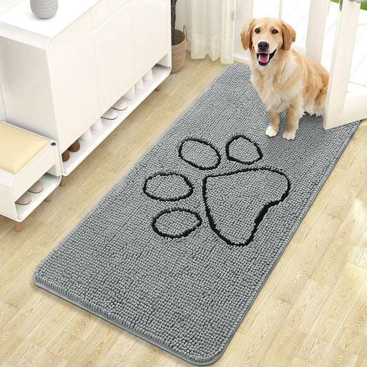 OLANLY Door Mat for Muddy Dog Paws 47x24, Ultra Absorbent Chenille Mud Doormat with Paw Print Design, Non-Slip Washable Doormat for Indoor Entryway, Quick-Dry Pet Bed Mats for Dirty Dogs, Grey