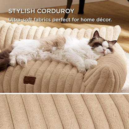 Bedsure Cute Cat Couch for Pets - Fluffy Small Dog Sofa with Premium Soft Corduroy Fleece, Pet Sofa with Removable Washable Cover, Supportive Dog Couch Bed for Small Medium Dogs, 30inch, Tuscan Beige