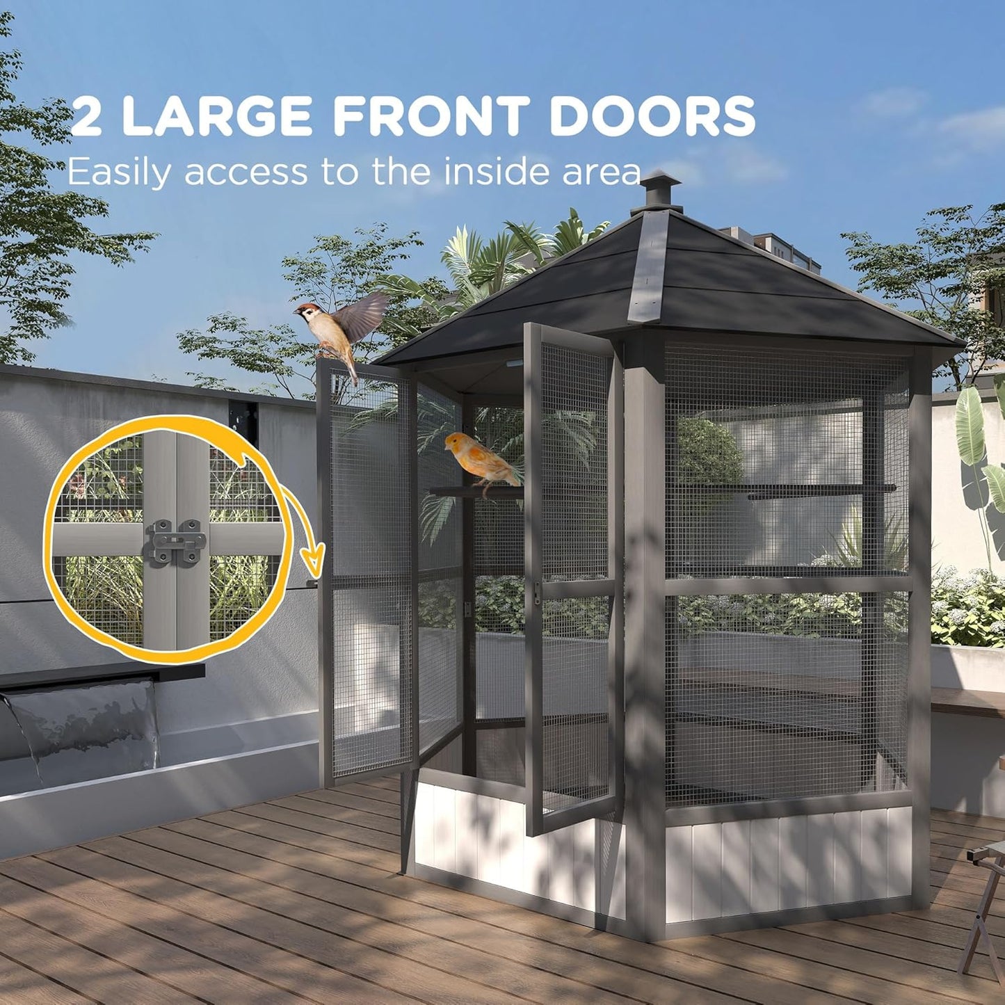 PawHut 69" Large Wooden Hexagonal Outdoor Aviary Flight Bird Cage with Covered Roof, Light Gray