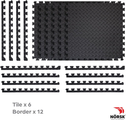 Norsk Foam Floor Gym Mats with Interlocking Tiles, .47" Thick, 24"x24", 60-Pack, 240 Square Feet, Diamond Plate Design, Black