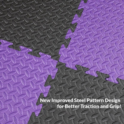 Xspec 1" Extra Thick 48 sq ft Reversible EVA Gym Foam Floor Mat Tiles (24" x 24"), Steel Pattern, 12 pcs, Black/Purple
