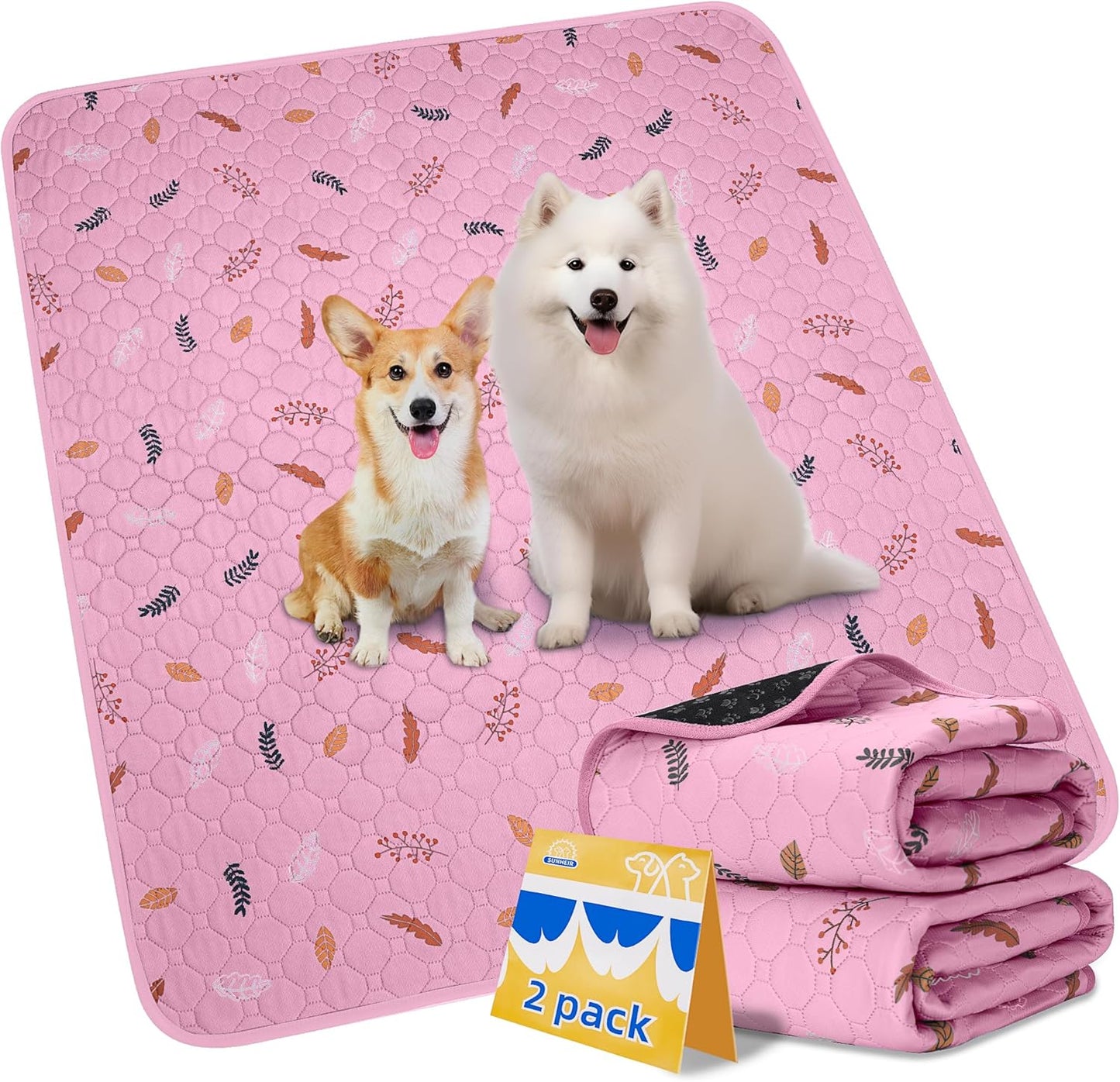 Sunheir 2-Pack Large Reusable Dog Mat for Floor, Dog Playpen, Non-Slip Waterproof Super Absorbent Washable Pee Pads for Dogs, Pet Whelping Pads, Potty Training - Pink, 36" x 72"