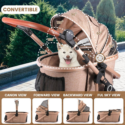 Pet Stroller with 4 Wheels, Foldable Pet Travel Carrier for Small/Medium Dogs Cats up to 50lbs, Detachble Portable Pet Bag, Storage Basket, Car Seat 3 in 1 Multifunctional (Tan)
