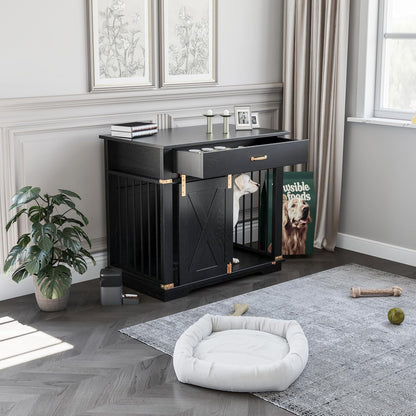 LZUUOB 37.8'' Dog Crate Furniture with Storage Drawer, Decorative Wooden Dog Kennel with Sliding Barn Door, Indoor Water Resistant Cage for Pet, Small, Medium, Large Dog (Black Gold Oak)