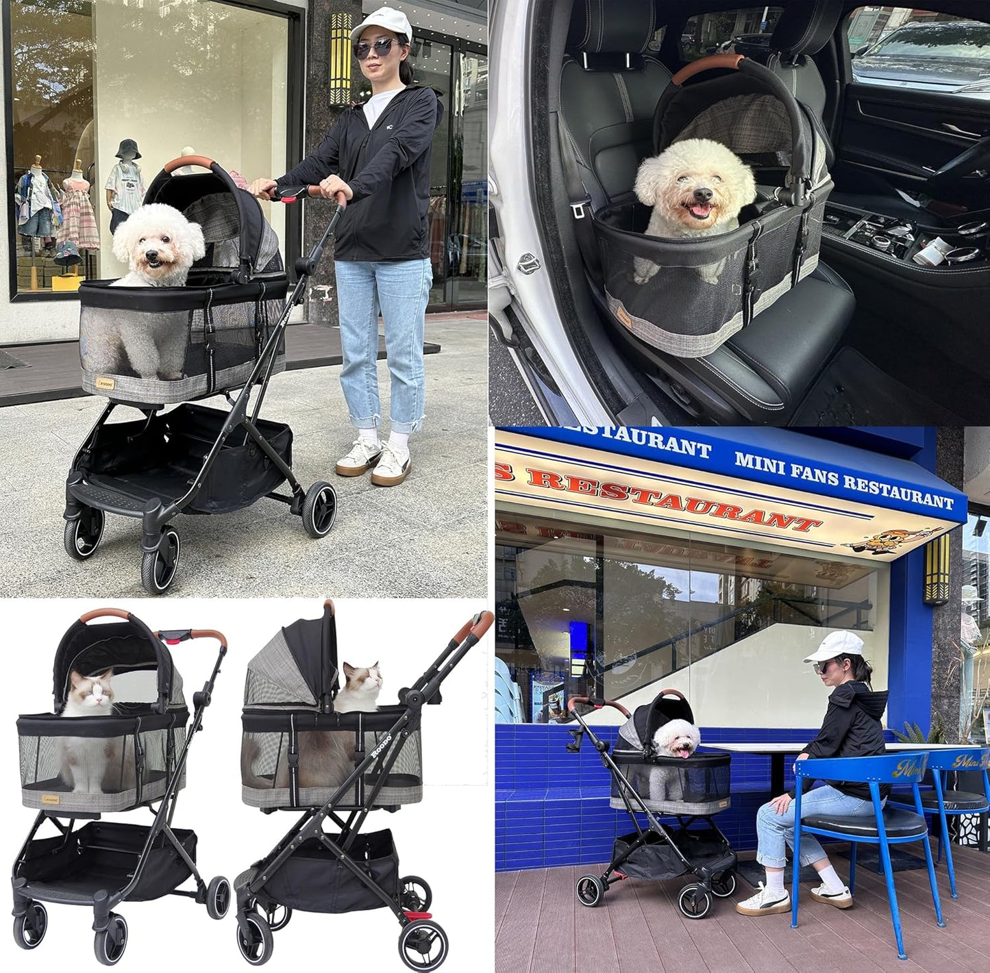 ROODO Fashion 3-in-1 Dog Cat Stroller with Detachable Carrier&Car Seat Combo Best Lightweight Folding Portable All-Terrain Travel Pet Gear Puppy Doggie Kitty Stroller for up to 30 lbs(Grey Lattice)