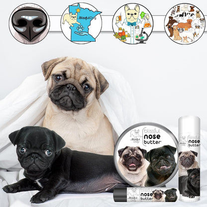The Blissful Dog Pug Duo Nose Butter for Dry, Cracked Skin, Lick-Safe Dog Nose Balm with Moisturizing Shea Butter, Almond, Olive, and Essential Oils, Pet Supplies, Uncented, 8 oz.