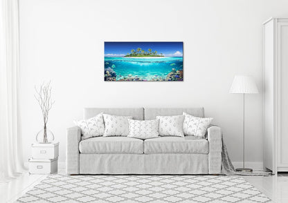 Tropical Island Coral Reef Landscape Canvas Wall Art for Living Room,Unique View Split Waterline Scenery,Beautiful Nature Summer Travel Scenic Picture Print Artwork Painting Decor,Inner Frame 30x60