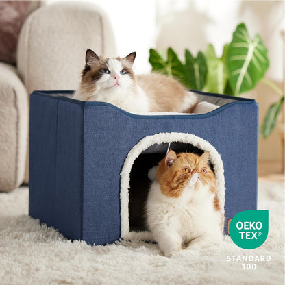 Bedsure Cat Beds for Indoor Cats - Large Cat Cave for Pet Cat House with Fluffy Ball Hanging and Scratch Pad, Foldable Cat Hideaway, 16.5x16.5x13 inches, Blue
