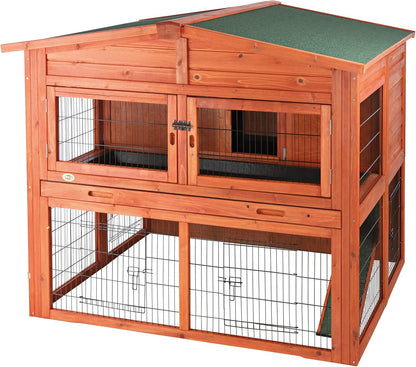 TRIXIE natura Outdoor Deluxe Rabbit Hutch with Run - Large 2-Story Rabbit Cage with Non-Slip Ramp - Elevated Small Animal House with Secure Playpen, Hinged Roof & Two Pull-Out Trays - in Natural