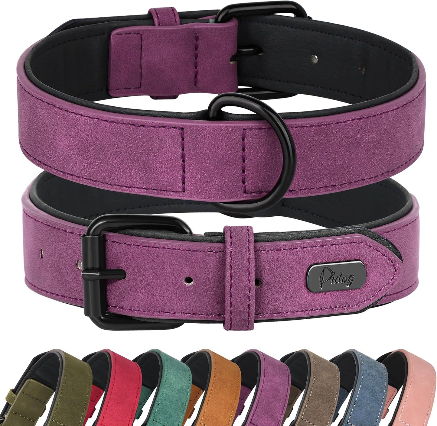 Didog Soft Padded PU Leather Dog Collar, Breathable and Adjustable Dog Collars for Medium Dogs, Comfortable for Daily Walk, Purple, L Fit Neck 13-17"(22-44 lbs)