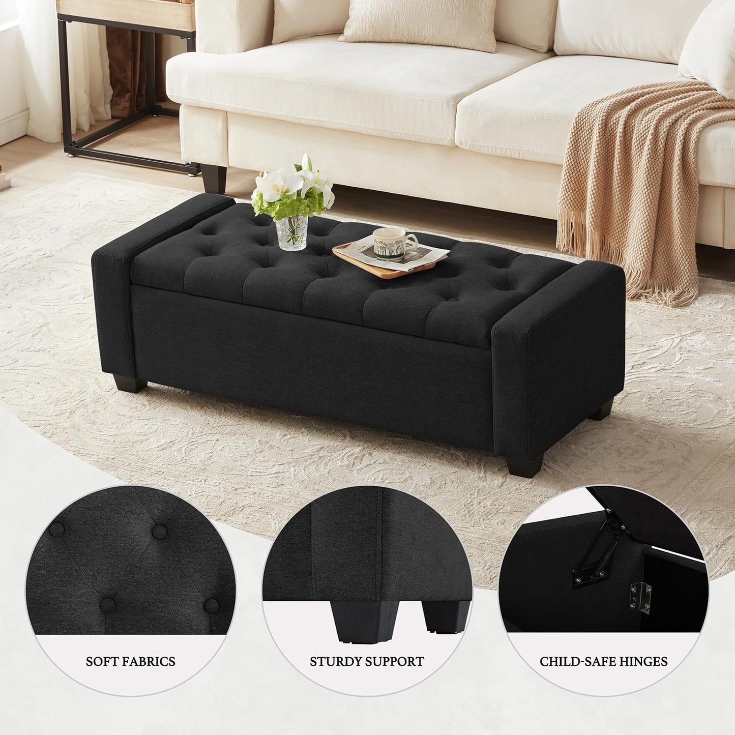 48" Ottoman with Storage, Black Storage Ottoman Bench with Safety Hinge, Upholstered Entryway Bench with Seating for Bedroom, Living Room, Holds up to 330 lb