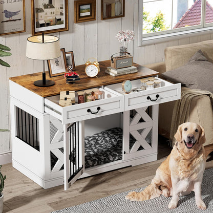 Large Dog Crate Furniture - Dog Kennel with Drawers Storage and Locks, 2-in-1 Crates for Dogs Indoor, Heavy Duty Dog Crate for One Large or 2 Small Dogs