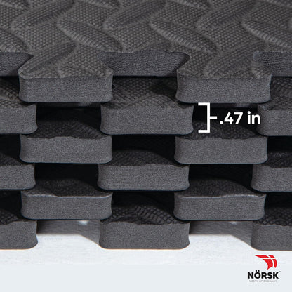 Norsk Foam Floor Gym Mats with Interlocking Tiles, .47" Thick, 24"x24", 60-Pack, 240 Square Feet, Diamond Plate Design, Grey