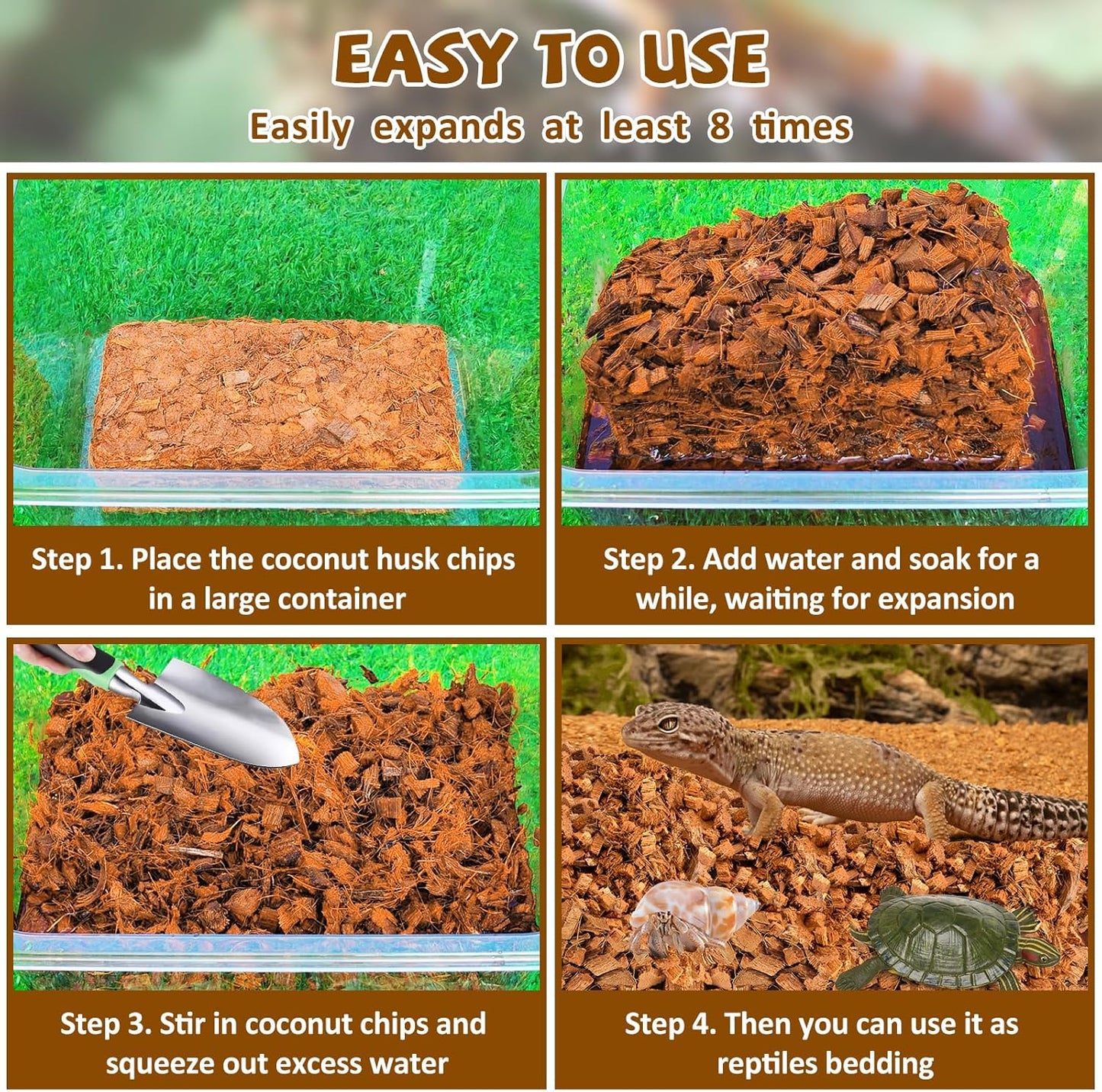 Legigo 2 Pack Coconut Chip Substrate for Reptiles, Natural Coco Husk Chip Reptiles Bedding, Compressed Coconut Chip Substrate for Snake, Tortoise, Ball Python, Gecko, Lizard Terrarium Tanks