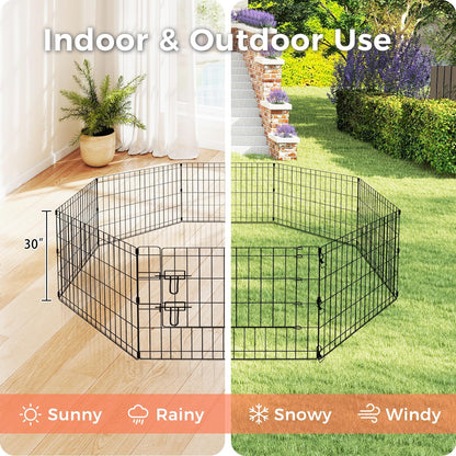 Foldable Dog Playpen 30" Height 8 Panels Metal Exercise Pen with Door - Indoor/Outdoor Puppy Playpen for Small Dogs, Portable Pet Fence for Yard Garden Camping, Black