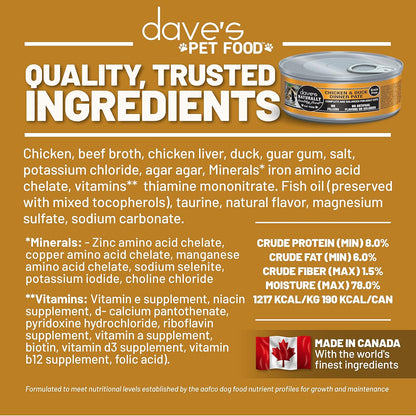 Dave's Pet Food Grain Free Wet Cat Food Pate (Chicken & Duck Dinner), Made in Canada Naturally Healthy Canned, Added Vitamins & Minerals, 5.5 oz Cans (24 Pack)