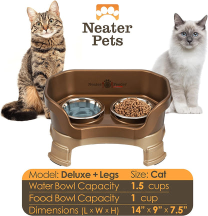 Neater Feeder Deluxe Mess Proof Cat Bowls Elevated for All Breeds – Made in USA – No Spill Raised Cat Bowls for Indoor Cats w/Leg Extensions – Stainless Steel Cat Food and Water Bowl Set - Bronze
