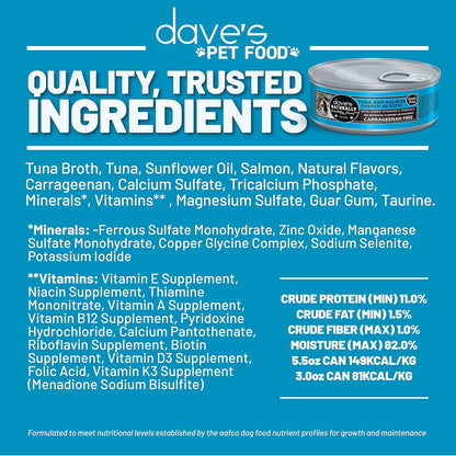 Dave's Pet Food Grain Free Wet Cat Food (Tuna & Salmon Dinner in Aspic), Naturally Healthy Canned, Added Vitamins & Minerals, 5.5 oz Cans (24 Pack