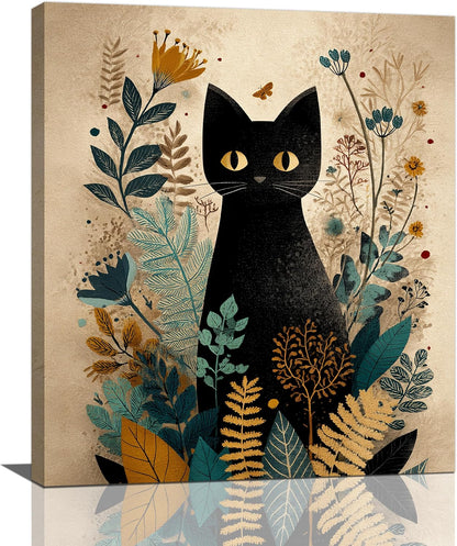 Boho Black Cat Wall Art Kitten Botanical Wall Decor Mid Century Modern Canvas Painting Print Minimalist Pictures Artwork Framed Decorations Gifts for Cat Lover Bathroom Nursery Living Room Bedroom Kitchen 24"x20"