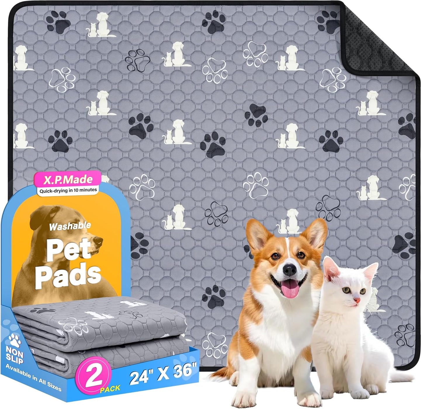 Washable Pee Pads for Dogs, 2 Pack Reusable Puppy Pads, Waterproof Pet Pee Pads for Dog Potty Training, Extra Large Dog Pee Pads for Crate, Playpen, and Whelping, Durable and Absorbent, Grey 24"x36"
