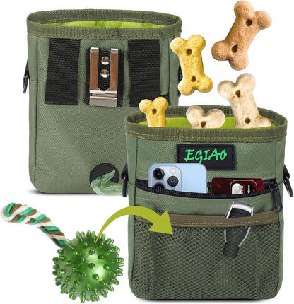 Dog Treat Pouch with Collapsible Dog Bowl, Training Clicker and Poop Bags, Treat Pouches for Pet Training, Magnetic Closure, Built-in Poop Bag Dispenser, Waist Belt Clip, Puppy Treat Bag - Green