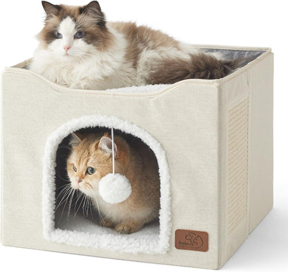 Bedsure Cat Beds for Indoor Cats - Large Cat Cave for Pet Cat House with Fluffy Ball Hanging and Scratch Pad, Foldable Cat Hideaway, 16.5x16.5x13 inches, Ivory