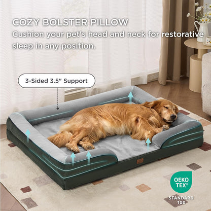 Bedsure XXL Orthopedic Dog Bed for Extra Large Dogs - Waterproof Giant Dog Cat Bed, Comfort Dogs Couch Sofa with Washable Removable Cover, Pet Bed with Nonskid Bottom, Boreal Canopy Green, 52"