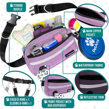 PetAmi Hands Free Dog Leash, Dog Running Leash Belt for Walking Jogging, Dog Waist Zipper Pouch Fanny Pack with Poop Bag Dispenser, Dual Padded Handle Bungee Leash for Small Medium Large Dogs, Single