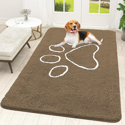 OLANLY Door Mat for Muddy Dog Paws 59x35, Ultra Absorbent Chenille Mud Doormat with Paw Print Design, Non-Slip Washable Doormat for Indoor Entryway, Quick-Dry Pet Bed Mats for Dirty Dogs, Tan
