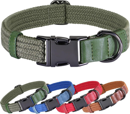 PET ARTIST Soft Cotton Dog Collar for Large Dogs in Stylish Green, Simple Dog Collar with Quick Release Metal Buckle & D Ring, L Size (15-23")