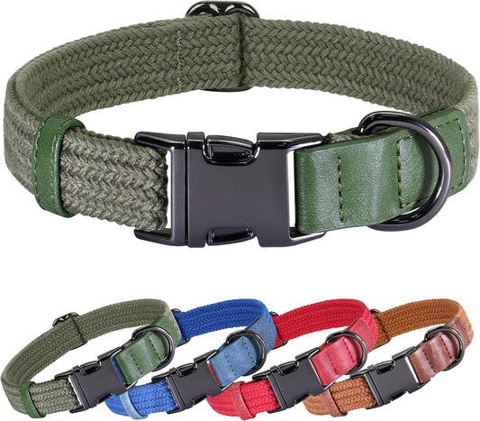 PET ARTIST Soft Cotton Dog Collar for Large Dogs in Stylish Green, Simple Dog Collar with Quick Release Metal Buckle & D Ring, L Size (15-23")