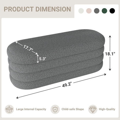 Storage Ottoman Bench 49.2 Inch Upholstered Fabric Storage Bench for Bedroom End of Bed Aesthetic Large Oval Ottoman for Living Room(Grey)