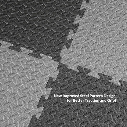 Xspec 1" Extra Thick 48 sq ft Reversible EVA Gym Foam Floor Mat Tiles (24" x 24"), Steel Pattern, 12 pcs, Black & Grey