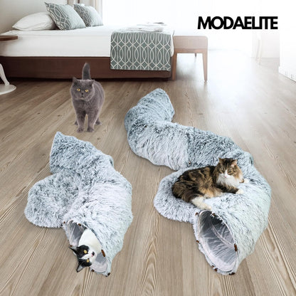 Cat Donut Bed with Washable Cushion – Cat Caves for Indoor Cats – Collapsible Donut Bed with Peekaboo Pet Tunnel & Tunnel Toy – Cozy Hideout for Kittens, Ferrets, Rabbits & Dogs – Grey