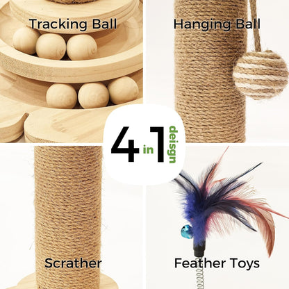 Cat Scratching Post, Cat Scratcher Toy for Indoor Cats, 17.3" Tall Scratch Post with 2-Layer Ball Tracks, Interactive Feather Toy and Sisal Hanging Ball, Banana Tree Cat Tower for Kittens