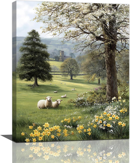Country Sheep Canvas Wall Decor Farmhouse Rustic Lamb Wildflower Wall Art Nature Countryside Landscape Pictures Painting Print Framed Artwork Decorations for Bathroom Living Room Bedroom 16"x20"