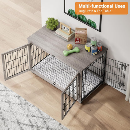Lulive Dog Crate Furniture, XL Wooden Dog Kennel Indoor Double Doors Dog Cage, 44'' Heavy Duty Dog Crate with Cushion & Wheels, Decorative End Table Chew-Resistant for Extra Large/Medium, Grey