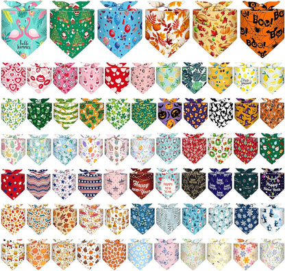 Reginary 72 Packs Holiday Dogs Bandanas Bulk Patriotic Halloween Thanksgiving Christmas New Year Birthday Summer Scarf Bibs Easter St. Patrick's Day Pets Bibs Adjustable Dog Bandana for Pet Costume