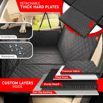 Helteko Back Seat Extender for Dogs, Premium Car Seat Cover with Hard Bottom Plates, Waterproof Backseat Protector, Mesh Window and 2 Storage Pockets, Hammock Travel Bed for Crew Cab and Full Trucks
