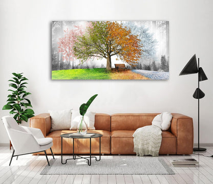 Canvas Prints Wall Art Decor Large Four Seasons Tree Picture 1 Panel Spring Summer Autumn Winter Tree Painting Artwork for Dining Room Kitchen Home Decor Stretched and Framed Ready to Hang