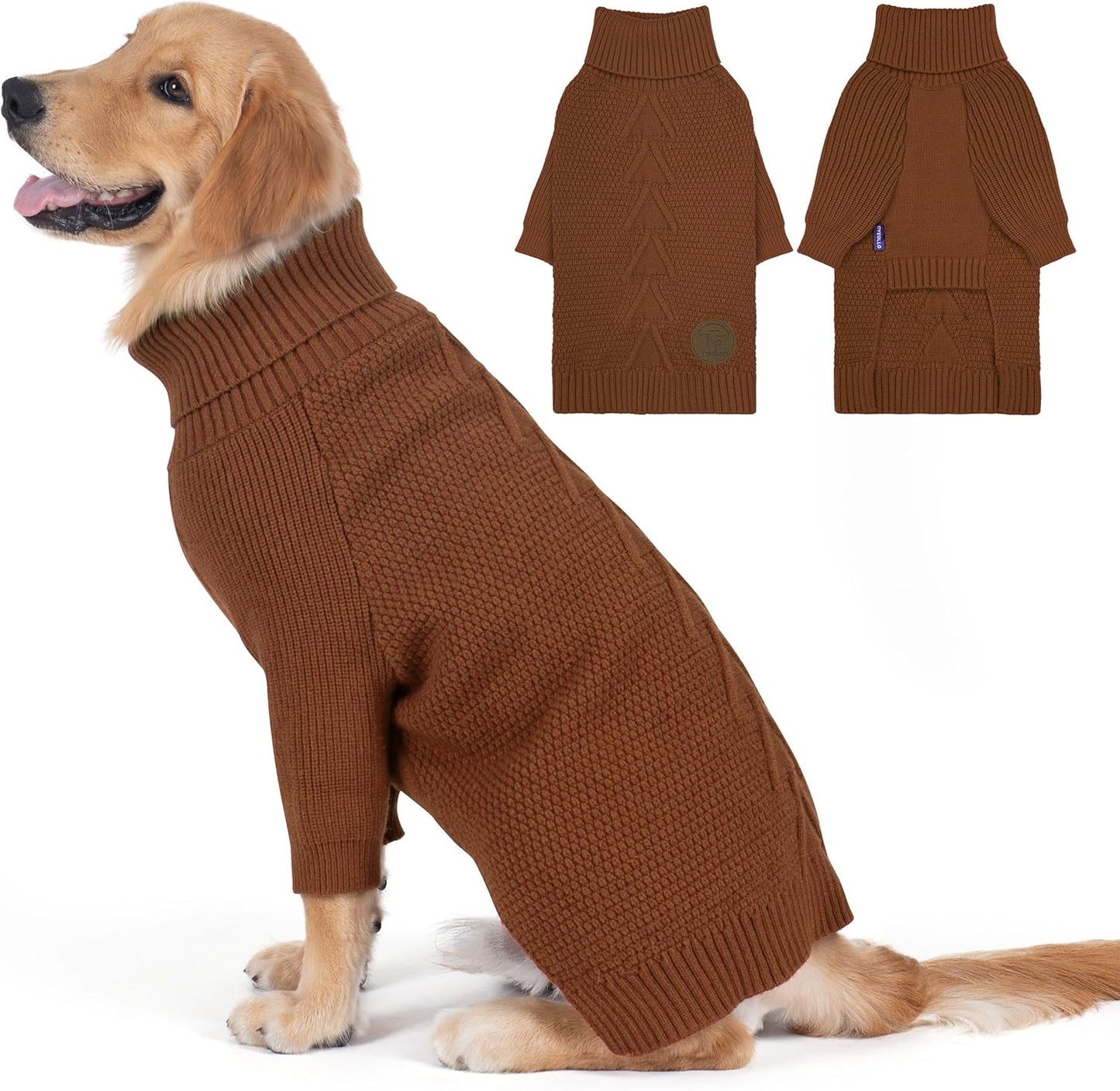 cyeollo 3XL Dog Sweaters for Large Dogs Boy, Stretchable & Cozy Warm Knit Doggy Sweater with Sleeves Turtleneck Fall Winter Cold Weather Big Dog Clothes Like Doberman Labrador, Brown XXXL