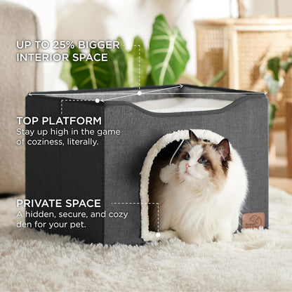 Bedsure Cat Beds for Indoor Cats - Large Cat Cave for Pet Cat House with Fluffy Ball Hanging and Scratch Pad, Foldable Cat Hideaway, 16.5x16.5x13 inches, Dark Grey