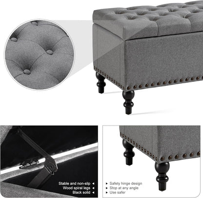 Ottoman with Storage,50.2-inch Upholstered End of Bed Storage Bench for Bedroom,for The Living Room,for Entryway, with Rivets & Button and Safety Hinges,Detachable (Grey)
