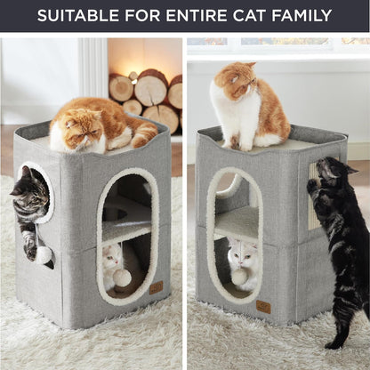 Bedsure 2 Story Cat House - Cat Condos for Indoor Cats with Scratch Pad and Fluffy Ball Hanging, Small Pet Cave Furniture Hideaway for Multi Pets, 18x14x23 inches, Grey