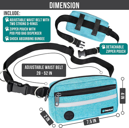 PetAmi Hands Free Dog Leash, Running Leash Belt for Walking, Jogging, Waist Zipper Pouch with Poop Bag Dispenser, Dual Padded Handles, Reflective Durable Bungee Single, Turquoise, 1