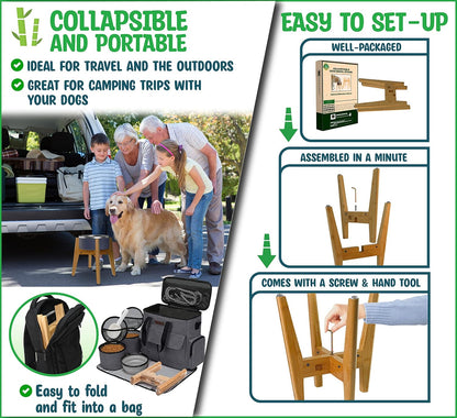 Dog Bowl Stand (12-inch High) - Ideal for Large Breeds - Adjustable Sideways, Slanted Feet - Elevates, Raises Pet Food Feeders, Water Dishes, Fountains, Dispensers - Bamboo Stand Only