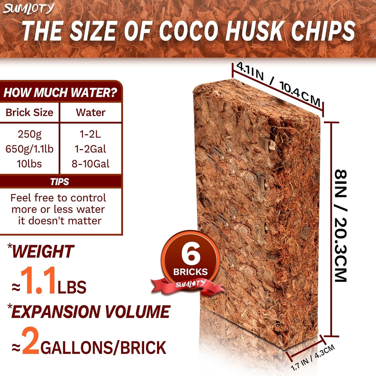 Coco Chips for Plant - COCOUNT Shell 6 Pack Organic Coconut Husk Chips with Low EC & PH Balanced, High Expansion Coconut Substrate Coco Husk Mulch for Garden, Flowers and Reptile'